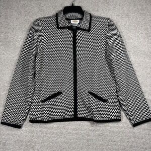 Talbots Knit Jacket Checkered‎ Zip Front Women's Medium Black White Career Style